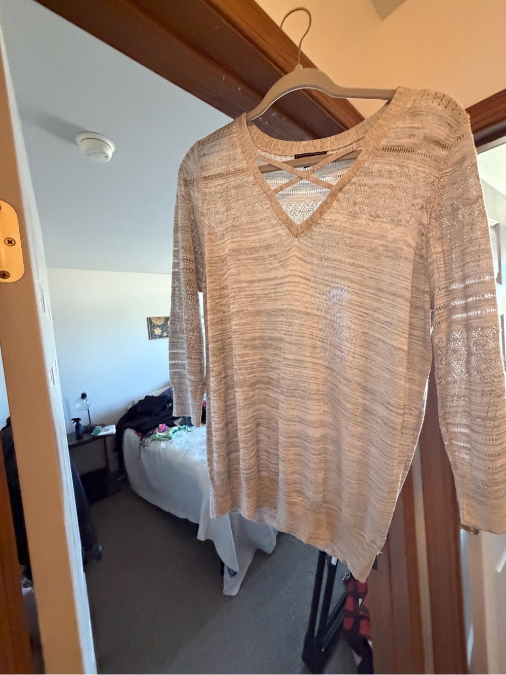 Women’s Light Beige V-Neck Knit Sweater with Crisscross Back